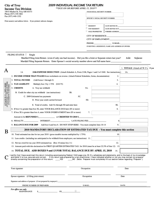 2009 Individual Income Tax Return - City Of Troy Income Tax Division Printable pdf