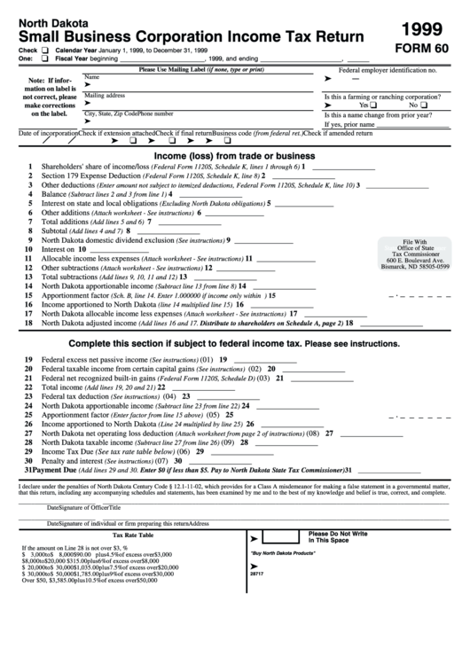 Form 60 - Small Business Corporation Income Tax Return 1999 Printable pdf