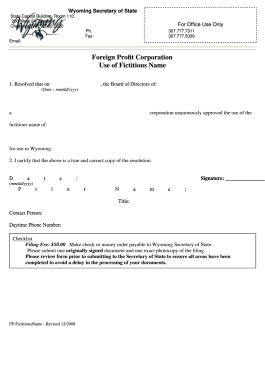 Fillable Form Fp - Foreign Profit Corporation Use Of Fictitious Name - 2008 Printable pdf