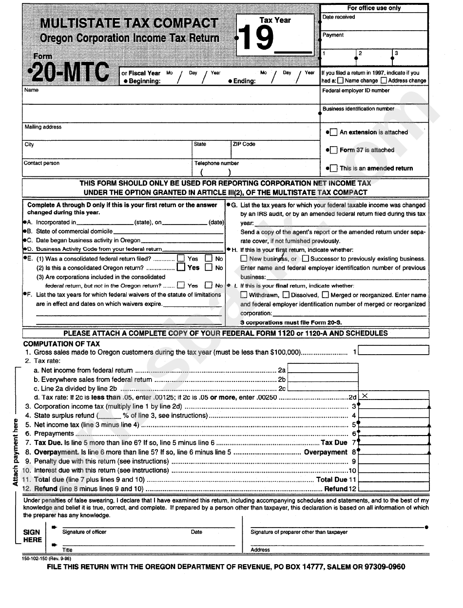 Form 20-Mtc - Oregon Corporation Income Tax Return