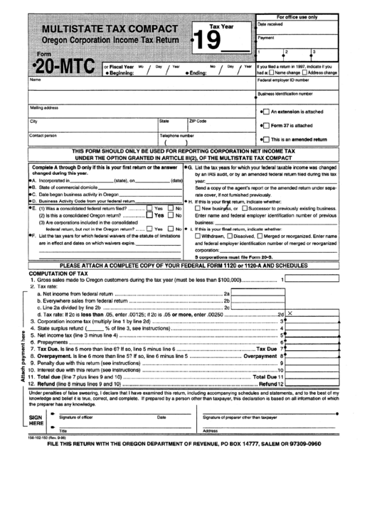 Fillable Form 20-Mtc - Oregon Corporation Income Tax Return Printable pdf