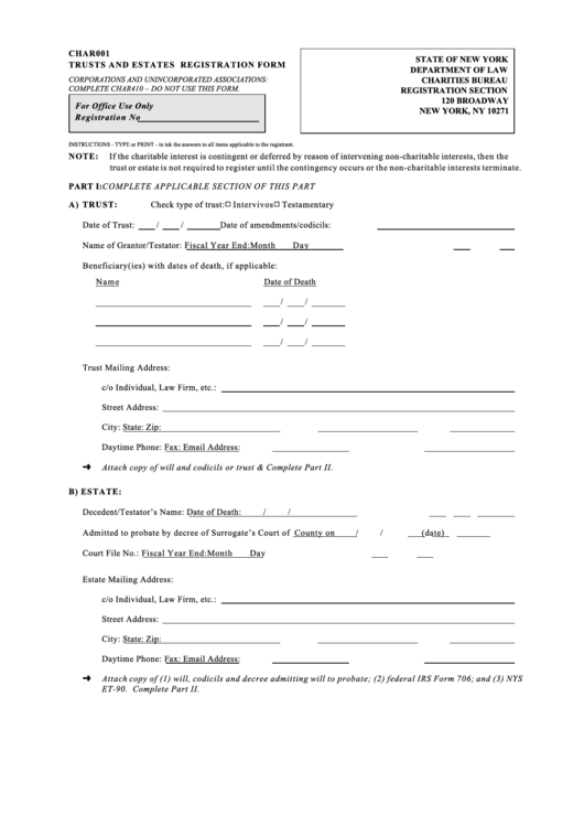 Form Char001 - Trusts And Estates Registration Form Printable pdf