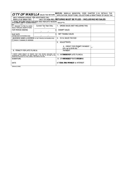 Sales Tax Return - City Of Wasilla, Work Sheet For Computing City Of Wasilla Sales Tax Printable pdf