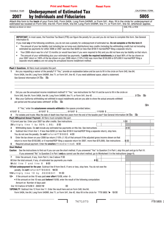 Fillable Californiaform 5805 - Underpayment Of Estimated Tax By Individuals And Fiduciaries - 2007 Printable pdf