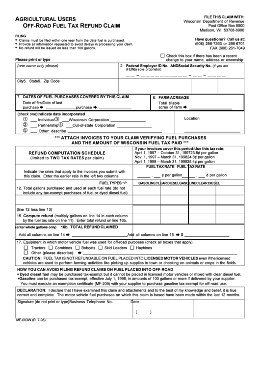Fillable Form Mf-003w - Agricultural Users Off-Road Fuel Tax Refund Claim Printable pdf