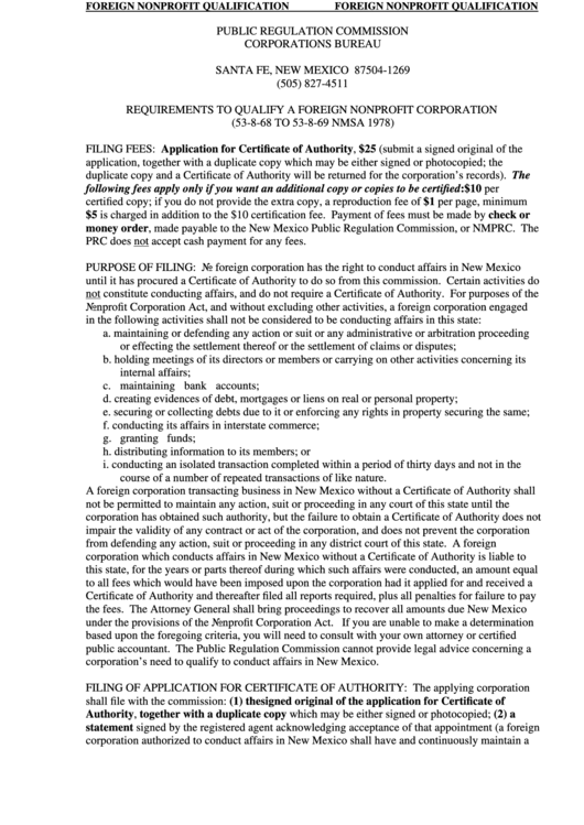 Requirements To Qualify A Foreign Nonprofit Corporation (53-8-68 To 53-8-69 Nmsa 1978) Printable pdf