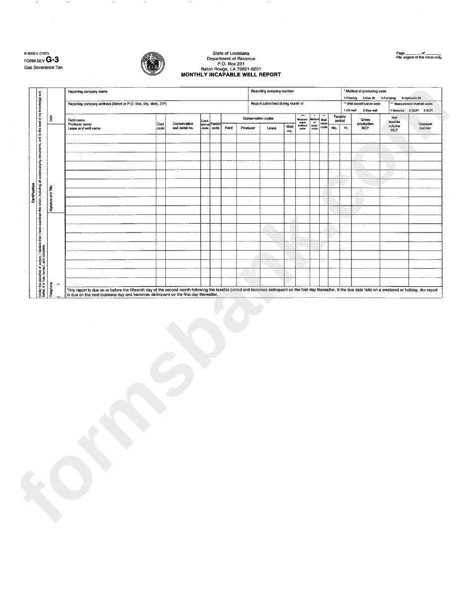 Form Sev G-3 - Monthly Incapable Well Report 1997