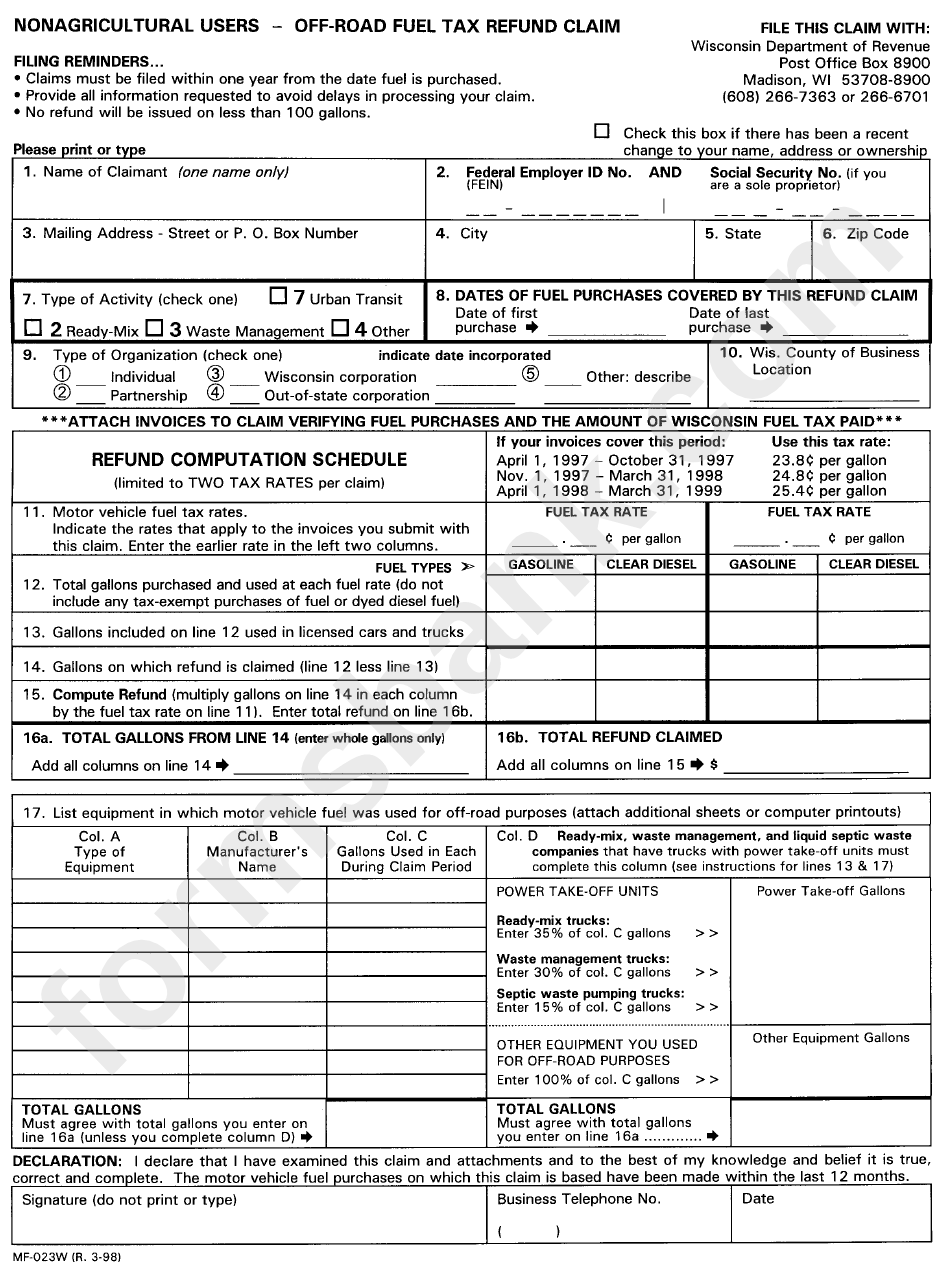 Form Mf-023w - Nonagricultural Users Off-Road Fuel Tax Refund Claim - Wisconsin Department Of Revenue