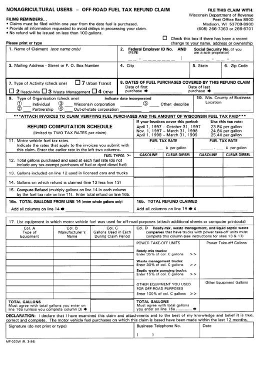 Fillable Form Mf-023w - Nonagricultural Users Off-Road Fuel Tax Refund Claim - Wisconsin Department Of Revenue Printable pdf