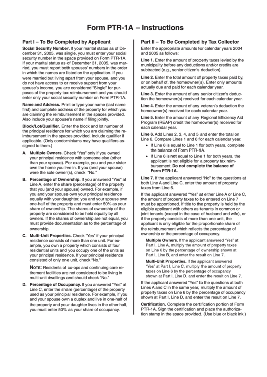 Form Ptr-1a - Instructions Printable pdf