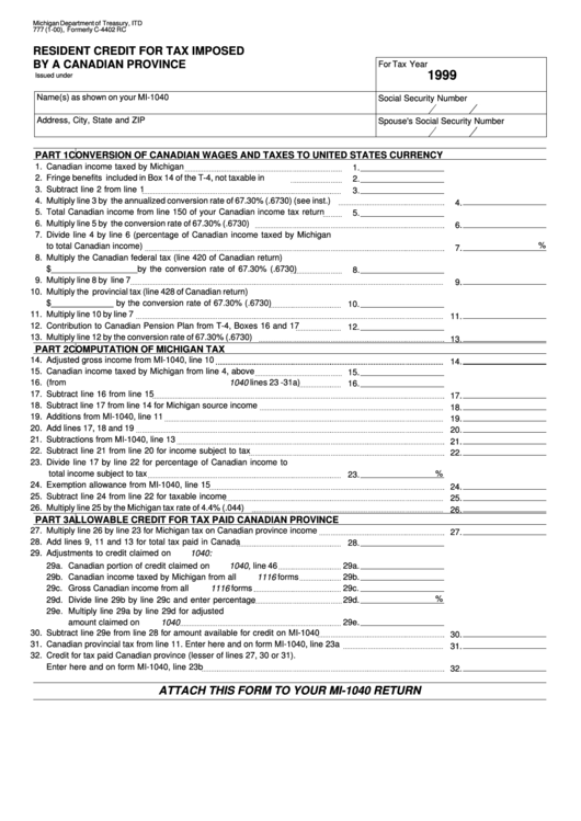 Form 777 - Resident Credit For Tax Imposed By A Canadian Province - 1999 Printable pdf