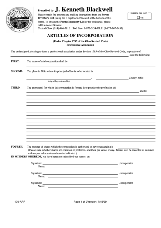 Form 170-Arp - Articles Of Incorporation - Original Appointment Of Statutory Agent - Acceptance Of Appointment Printable pdf