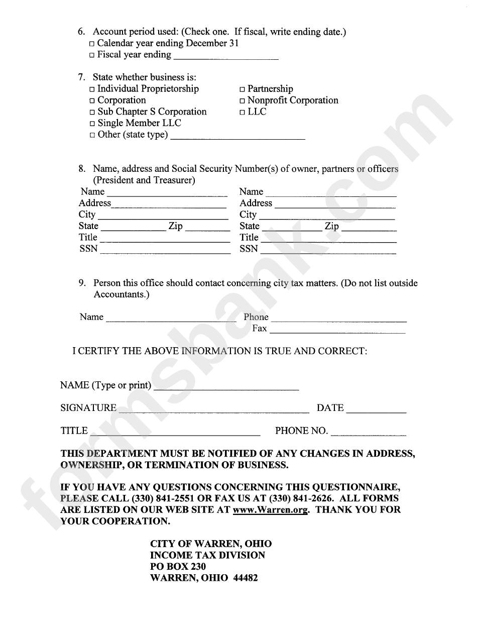 Business Questionnaire - City Of Warren - Ohio Income Tax Division Form
