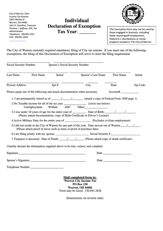 Individual Declaration Of Exemption - Warren City Income Tax Division Form Printable pdf