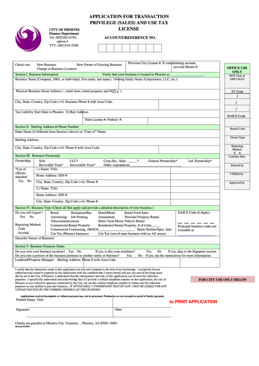 Fillable Application For Transaction Privilege (Sales) And Use Tax License - City Of Phoenix, Arizona Finance Department Printable pdf