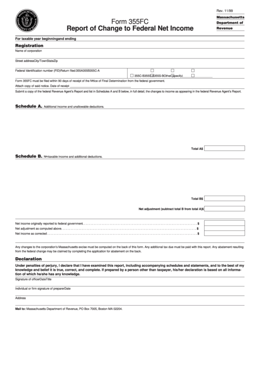 Form 355fc - Report Of Change To Federal Net Income - Massachusetts Department Of Revenue Printable pdf