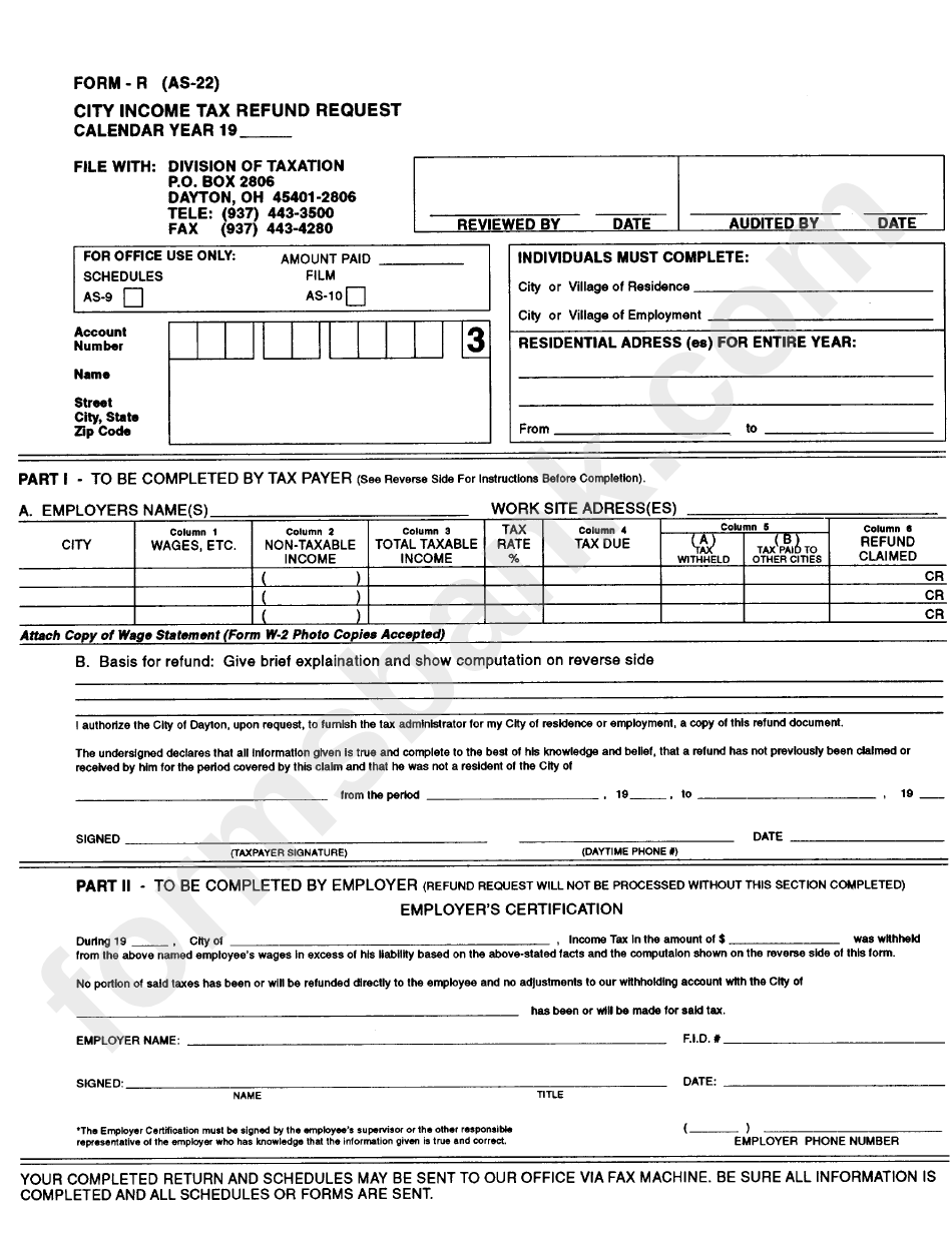 Form R - City Income Tax Refund Request - Dayton