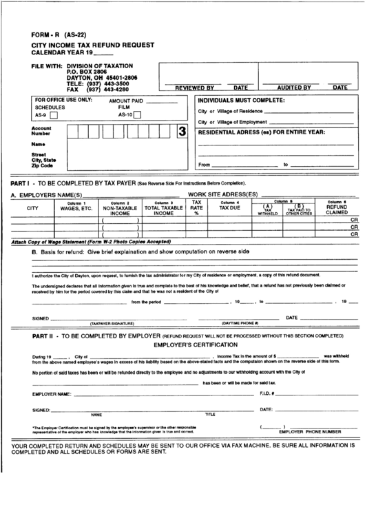 Form R - City Income Tax Refund Request - Dayton Printable pdf