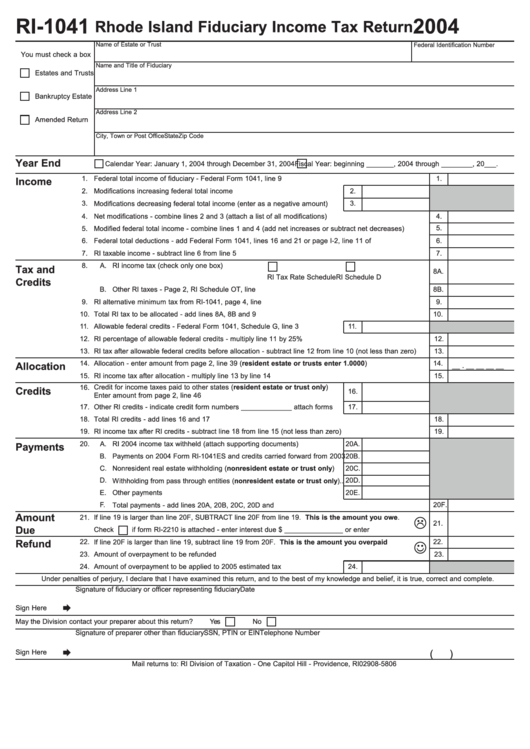 Form Ri-1041 - Rhode Island Fiduciary Income Tax Return - 2004 Printable pdf