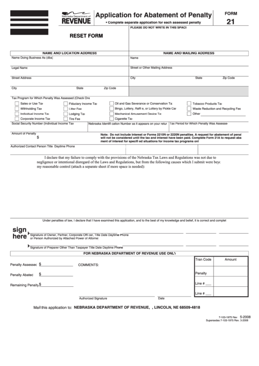Fillable Form 21 - Application For Abatement Of Penalty - 2008 Printable pdf