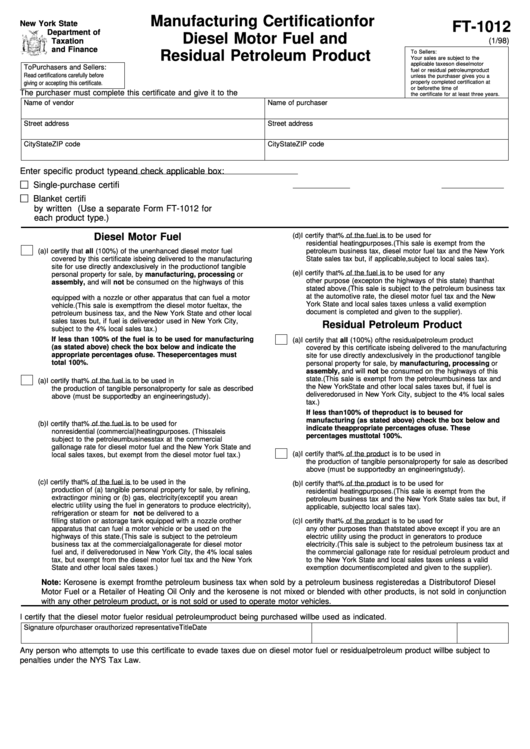 Form Ft-1012 - Manufacturing Certification For Diesel Motor Fuel And Residual Petroleum Product Printable pdf