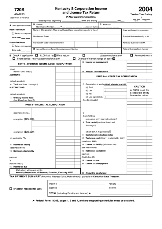 Form 720s - Kentucky S Corporation Income And License Tax Return - 2004 Printable pdf