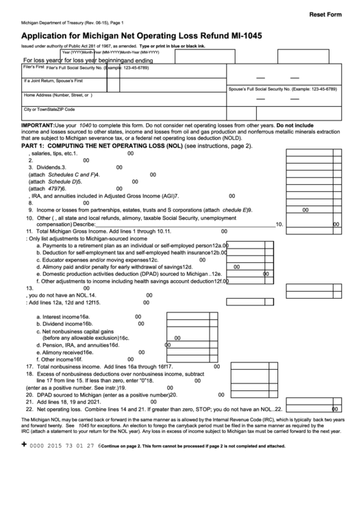 Fillable Form Mi-1045 - Application For Michigan Net Operating Loss Refund Printable pdf
