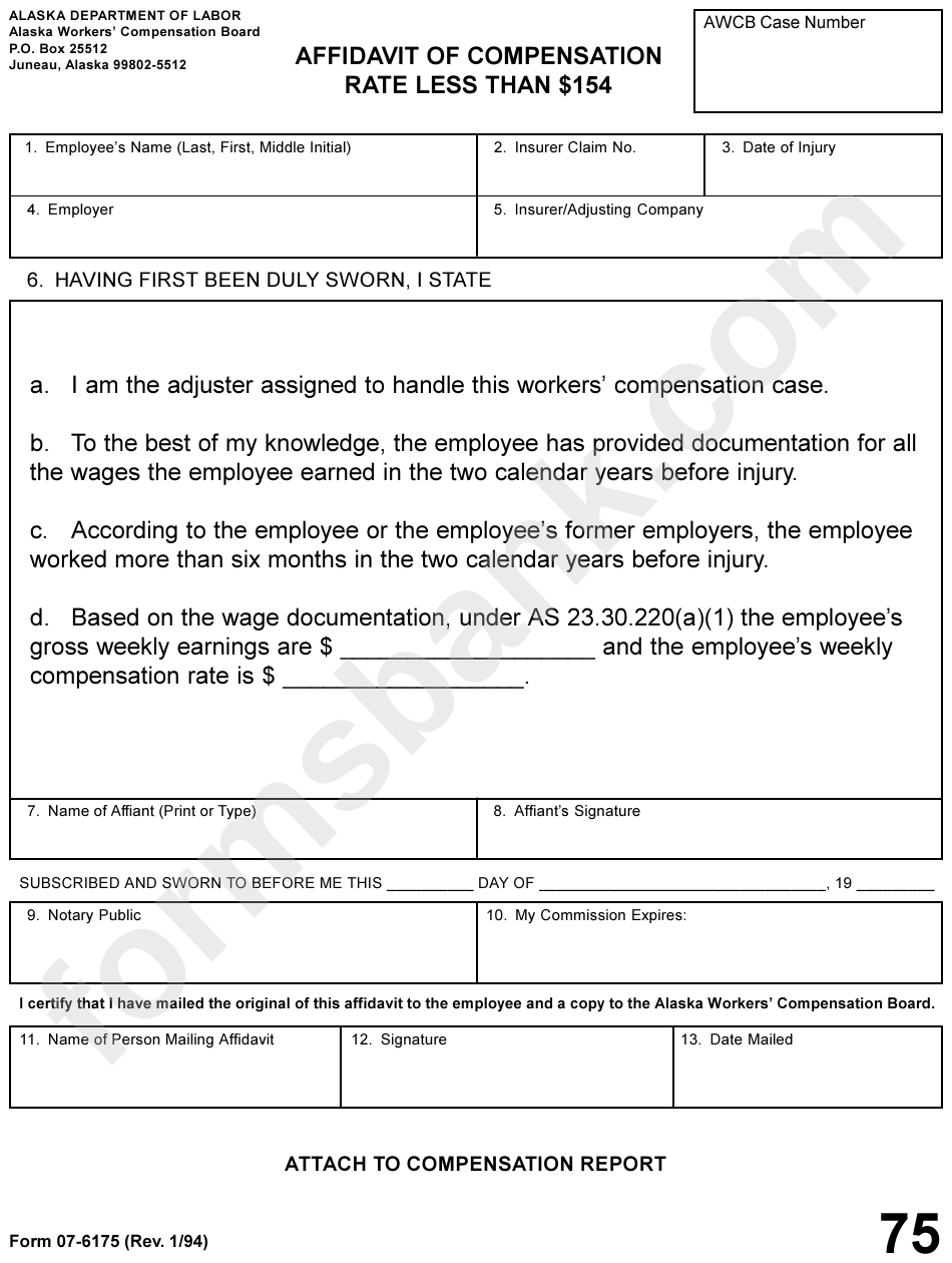 Form 07-6175 - Affidavit Of Compensation Rate