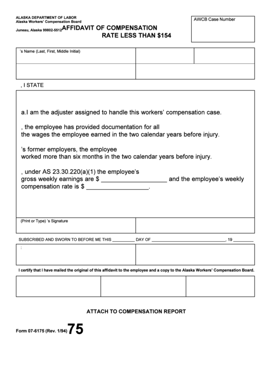 Form 07-6175 - Affidavit Of Compensation Rate Printable pdf