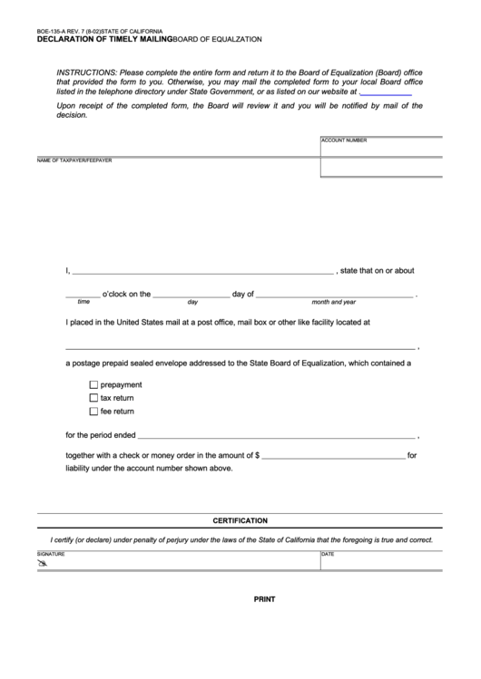 Fillable Form Boe-135-A - Declaration Of Timely Mailing Printable pdf