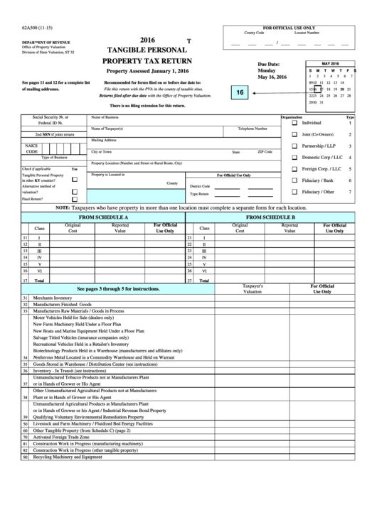 Form 62a500 (11-15) - 2016 Tangible Personal Property Tax Return - Department Of Revenue Printable pdf