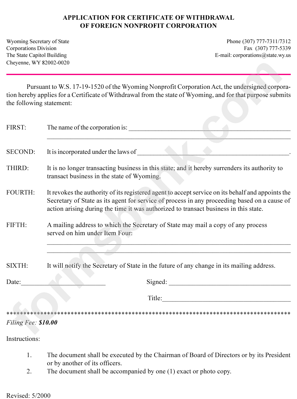 Form Application For Certificate Of Withdrawal Of Foreign Nonprofit Corporation