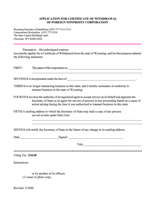Fillable Form Application For Certificate Of Withdrawal Of Foreign Nonprofit Corporation Printable pdf