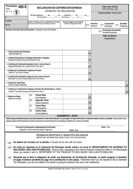 Form 480-E - Estimated Tax Declaration - 2008 Printable pdf