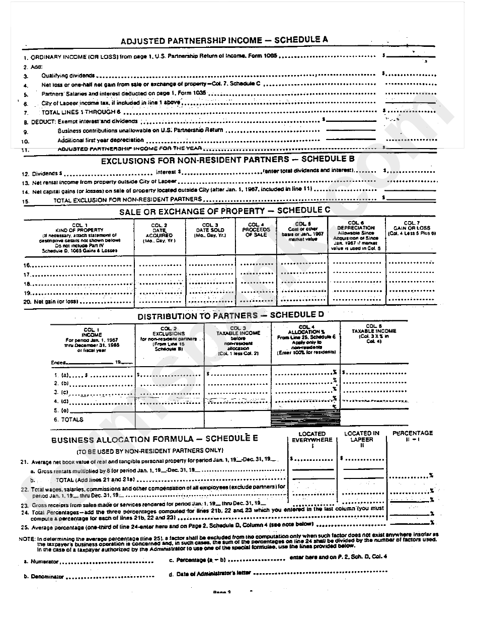 Form L-1065 - Lapeer Income Tax Partmenership Return