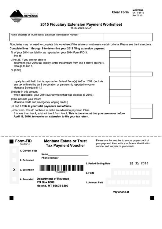 Fillable Form Ext-Fid - Fiduciary Extension Payment Worksheet - 2015 Printable pdf