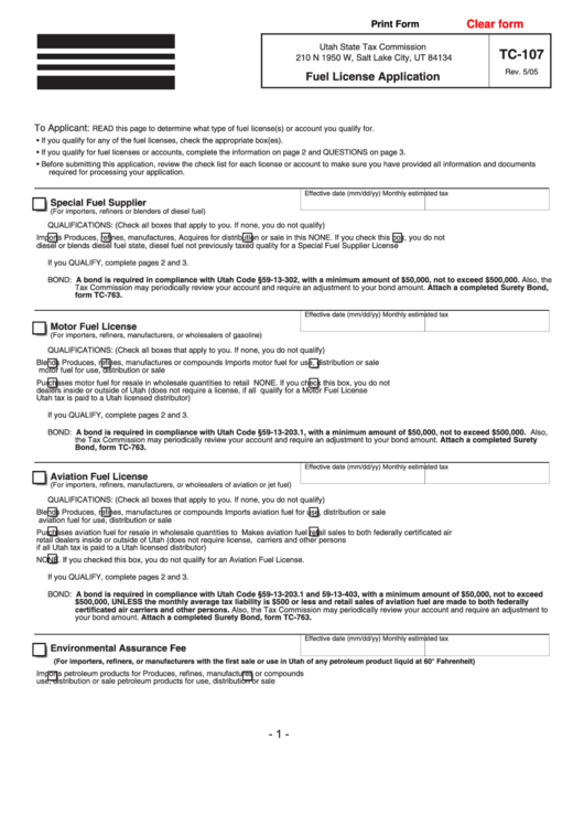 Fillable Form Tc-107 - Fuel License Application Printable pdf