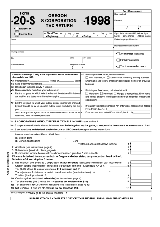 Fillable Form 20-S - Oregon S Corporation Tax Return - 1998 Printable pdf