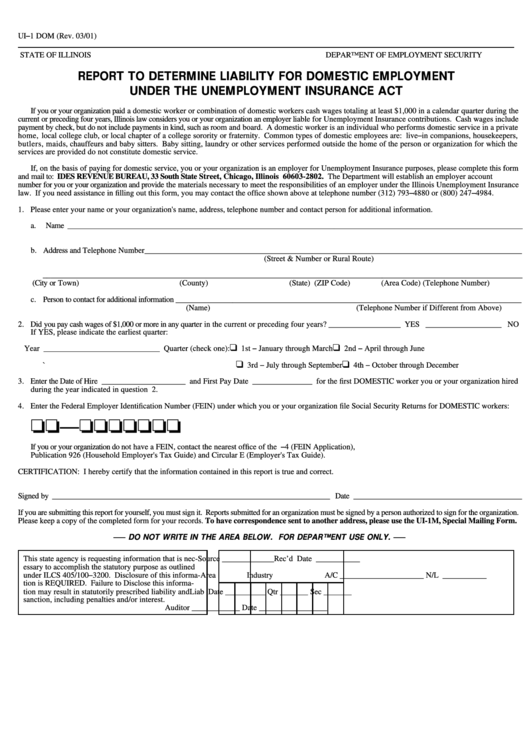 Fillable Form Uis1 Dom - Report To Determine Liability For Domestic Employment Under The Unemployment Insurance Act Printable pdf