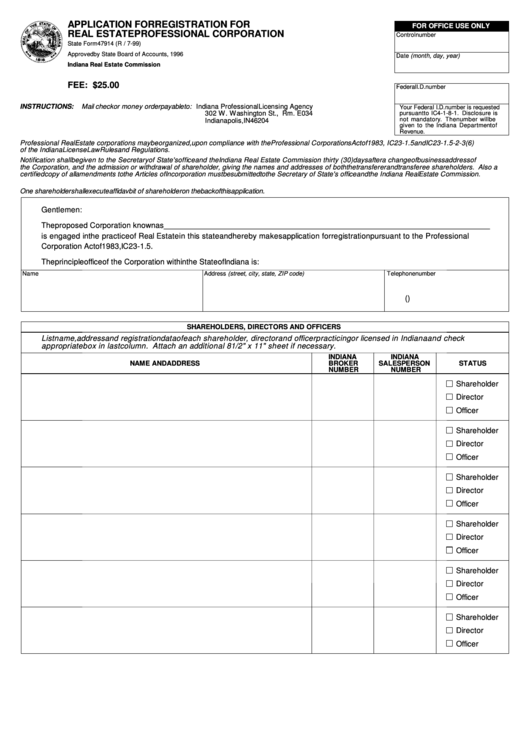 Fillable Form 47914 - Application For Registration For Real Estate Professional Corporation Printable pdf