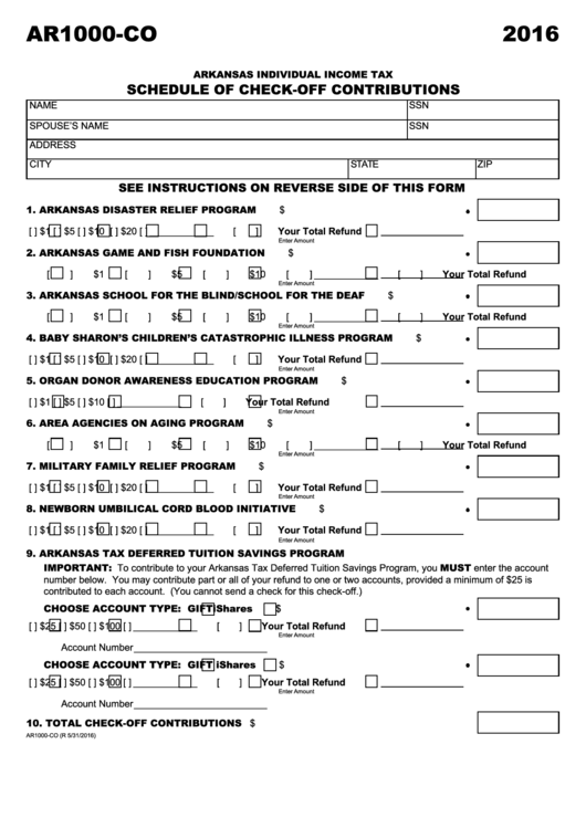 Form Ar1000-Co - Schedule Of Check-Off Contributions - 2016 Printable pdf