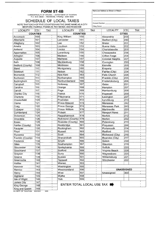 Form St-6b - Schedule Of Local Taxes Printable pdf