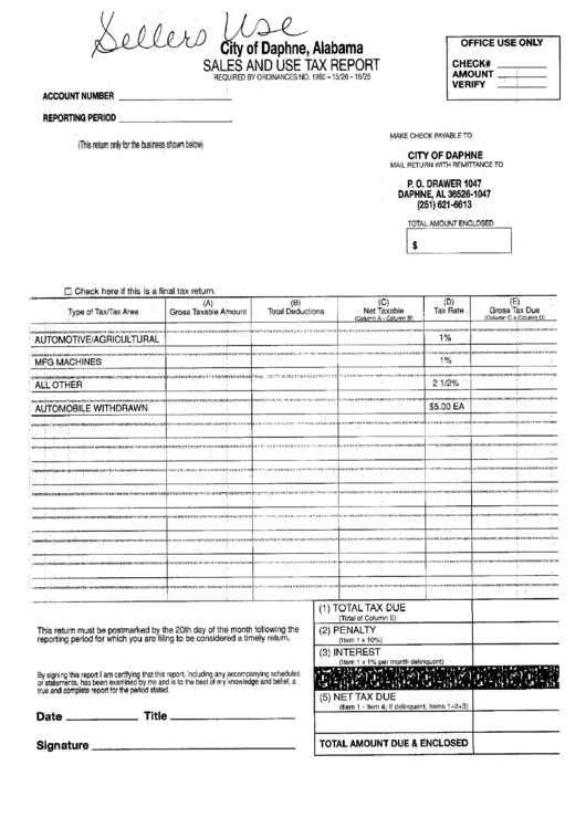 Sales And Use Tax Report - City Of Daphne Form Printable pdf