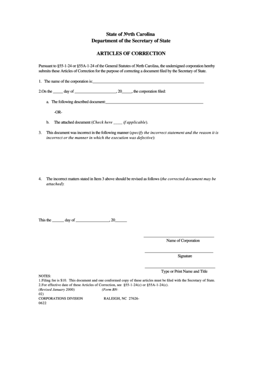 Form Bn-02 - Articles Of Correction - North Carolina Secretary Of State Printable pdf