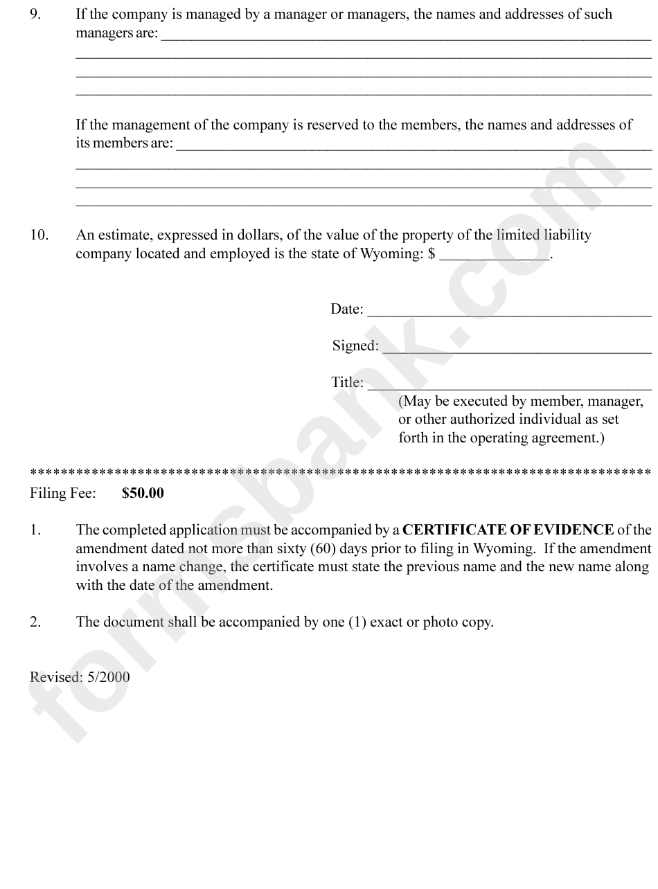 Application For Amended Certificate Of Authority For Foreign Limited Liability Company