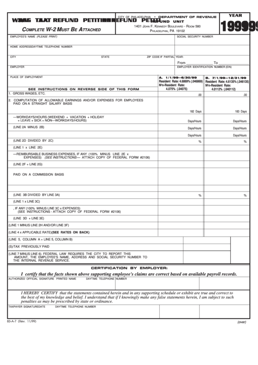 Form 83-A-7 - Wage Tax Refund Petiti X Refund Petition (1999) - Philadelphia Printable pdf