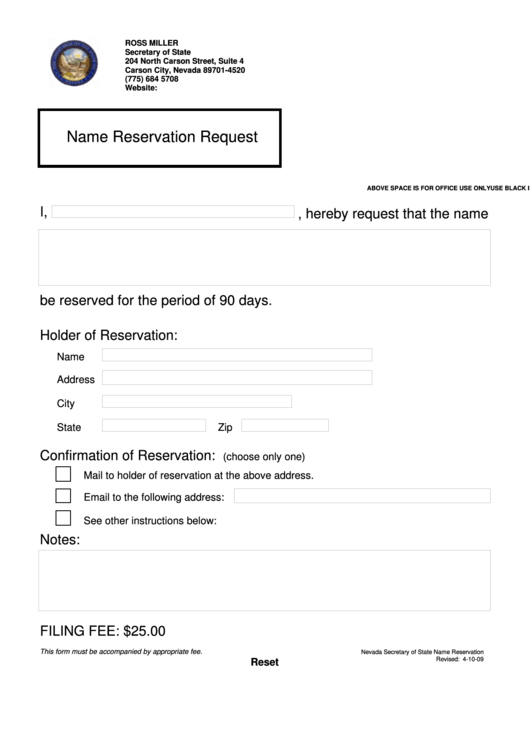 Fillable Name Reservation Request - Nevada Secretary Of State Printable pdf