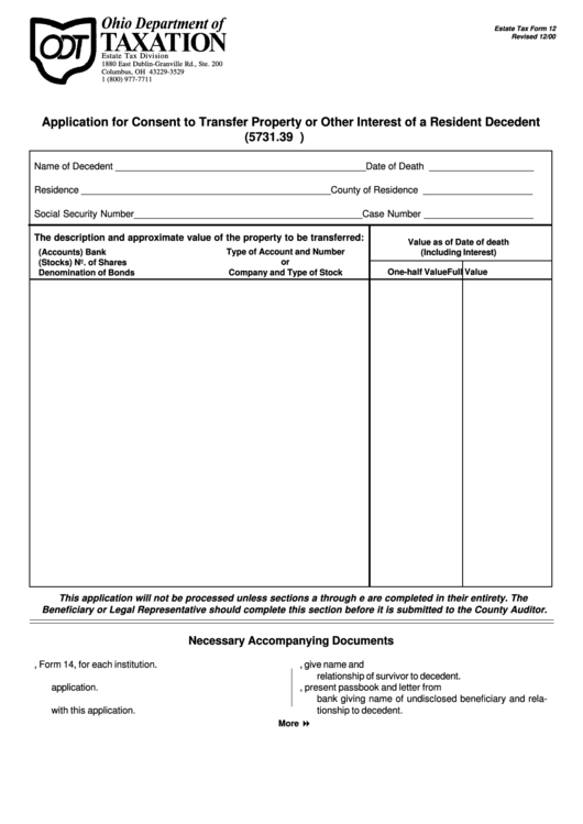 Form 12 - Application For Consent To Transfer Property Or Other Interest Of A Resident Decedent (5731.39 O.r.c.) Printable pdf