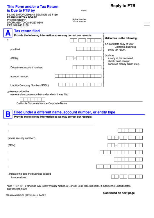 Form Ftb 4684a Meo C3 - Demand For Tax Return Printable pdf