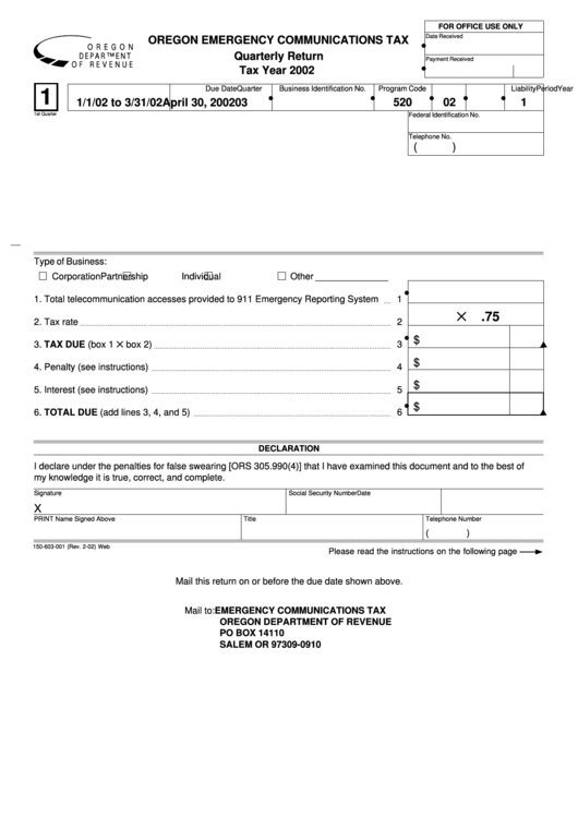 Oregon Emergency Communications Tax Quarterly Return Printable pdf